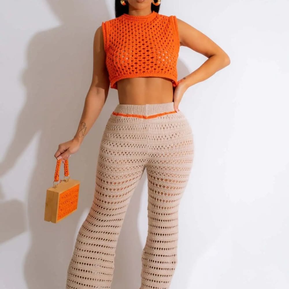 2023 Summer Knit Rib 2-Piece Set: Sleeveless Crop Top + Wide Leg Pants